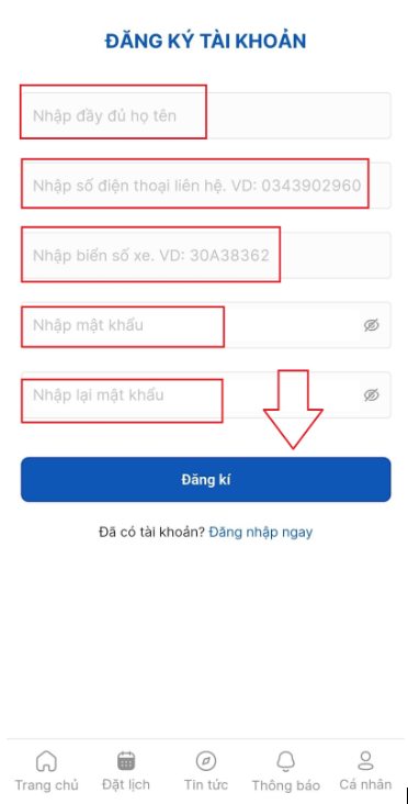 Tiến hành đăng kí tài khoản